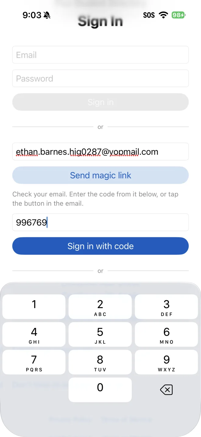 The Sign In screen after tapping Send magic link, with a field for the 6-digit code from the email.