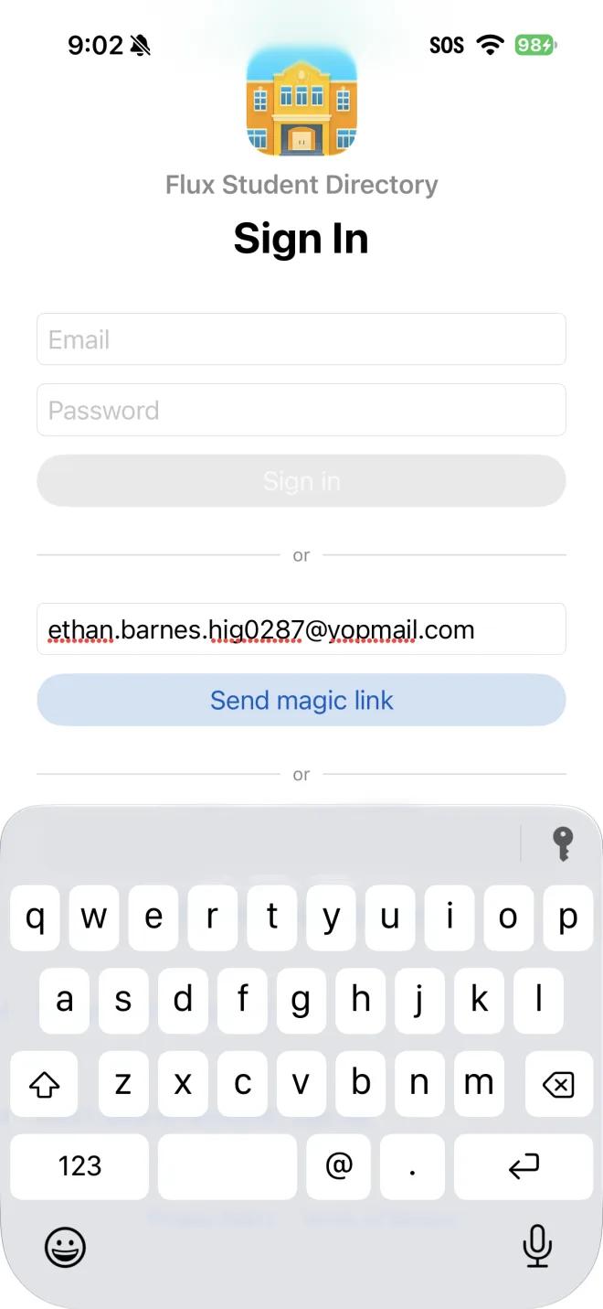 The Sign In screen in the iPhone app with an email typed under Send magic link, ready to tap Send magic link.