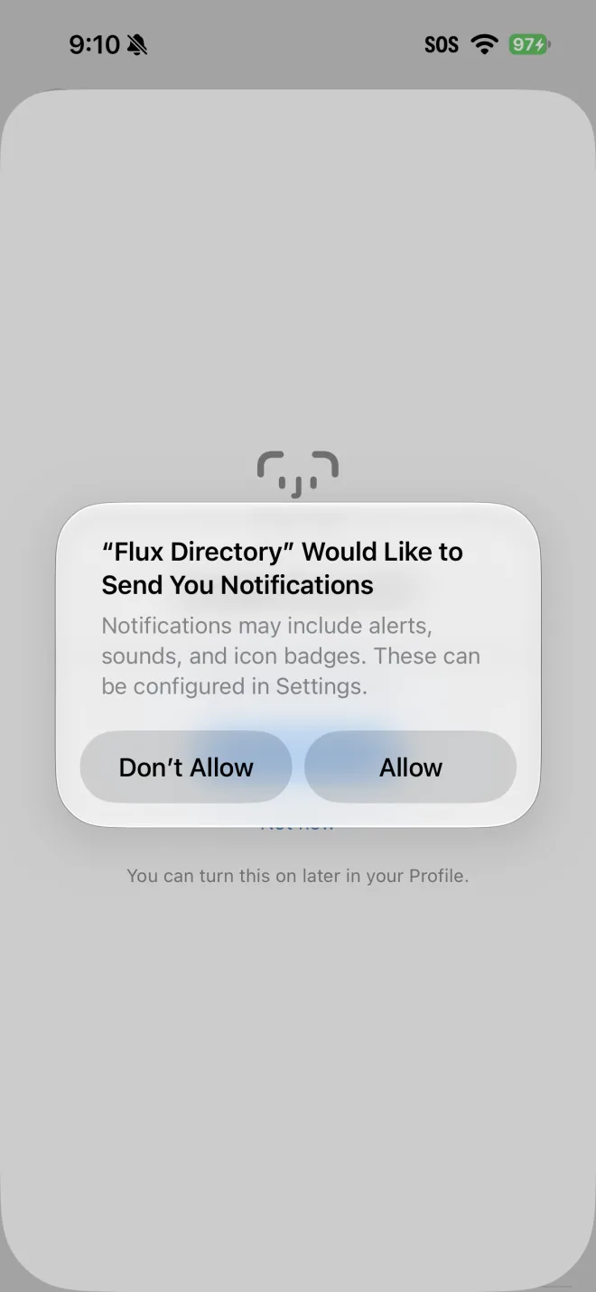 The iPhone permission prompt asking whether Flux Student Directory may send notifications.