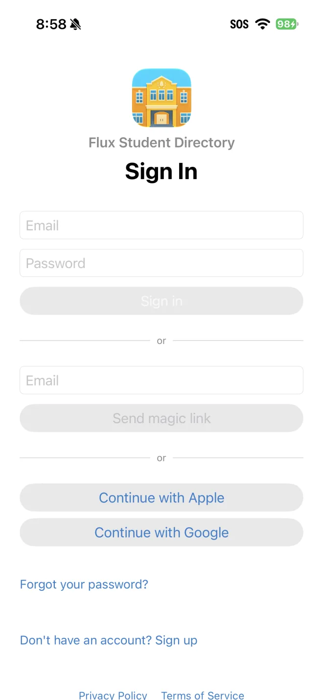 The Sign In screen in the iPhone app, with password sign-in, Send magic link, and Continue with Apple and Google.