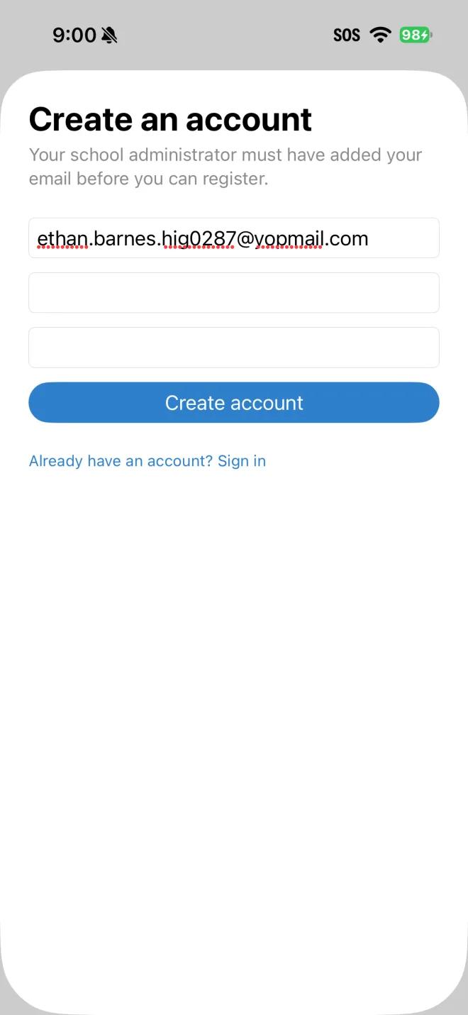The Create an account screen in the iPhone app, with email, password and confirm password fields.