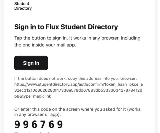 The sign-in email from Flux Student Directory, subject Your sign-in link, with a Sign in button and a 6-digit code below it.
