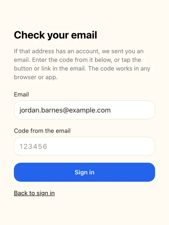 The Check your email page after asking for a magic link, with a field for the 6-digit code.