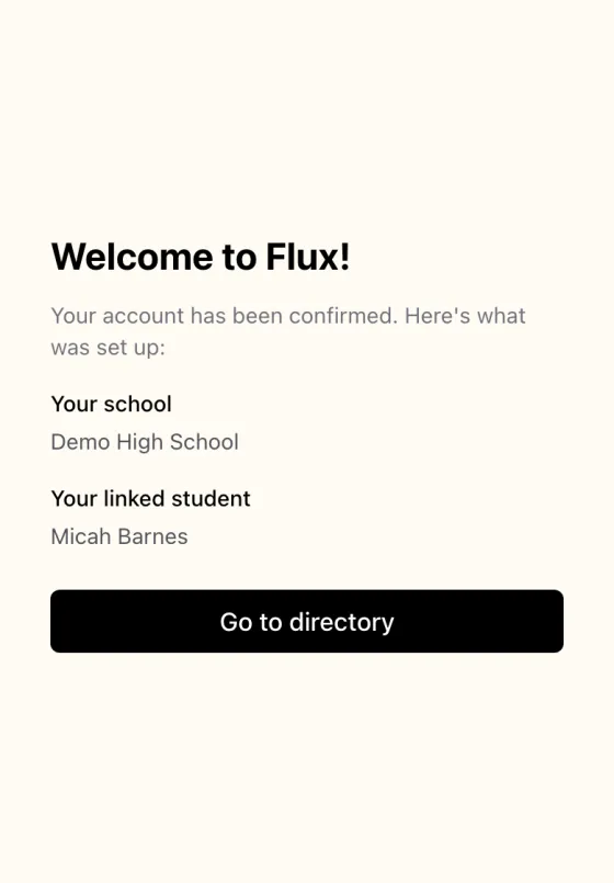 The Welcome to Flux page on the web listing the school Demo High School and the linked child Micah Barnes.
